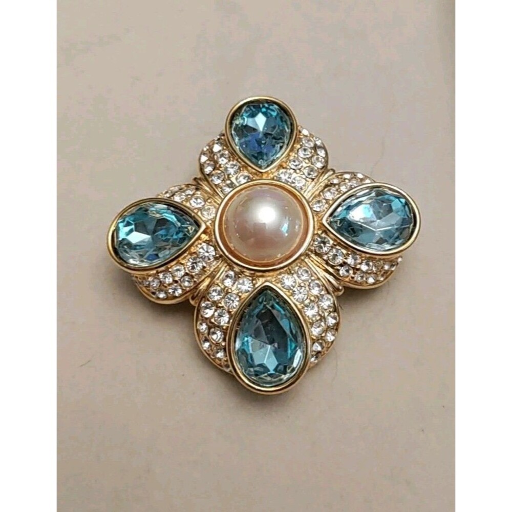 Vintage NOLAN MILLER Maltese Cross Aqua Pearl Brooch/Pendant 2" Gold Tone